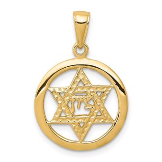 Diamond2Deal 14k Yellow Gold Jewish Chai In Star Of David Round Pendant