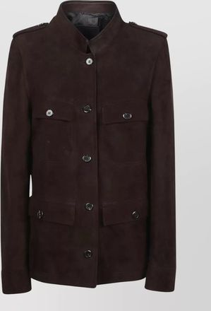 Prada shearling coat epaulettes stand collar pockets