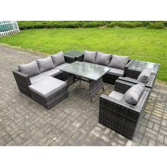 Fimous Fimous Wicker Rattan Outdoor Furniture Lounge Sofa Garden Dining Set with Dining Table 2 Side Tables Big Footstool Armchairs 9 Seater Dark Grey Mixed