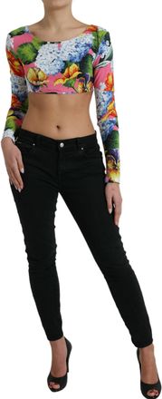 Dolce & Gabbana Womens Multicolor Floral Long Sleeves Cropped Top Viscose Elastane