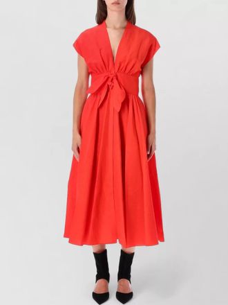 Alaia linen blend v-neck cap-sleeve belted midi dress