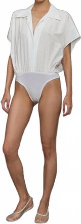 Norma Kamali Super Boyfriend Neck Shirt Bodysuit In Ivory White