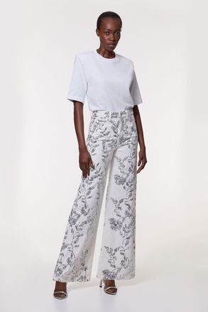 Karen Millen Womens Denim All Over Floral Sequin Wide Leg Trousers - White Cotton - Size 10 UK