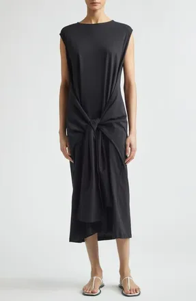 Toteme Tie Waist Organic Cotton Jersey Midi Dress in Black at Nordstrom, Size X-Small