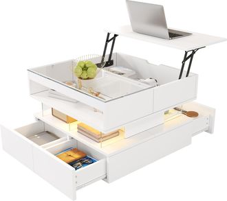 STILVORA Mesa De Centro Elevable Con 2 Cajones Y Compartimentos Y Led 16 Colores, Tapa De Cristal, En Tablero De Part&iacute;culas, 70&times;67&times;57 Cm, Blanco