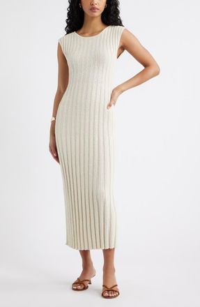 Open Edit Tie Back Cap Sleeve Linen Blend Rib Sweater Dress in Ivory Dove at Nordstrom, Size Xx-Small