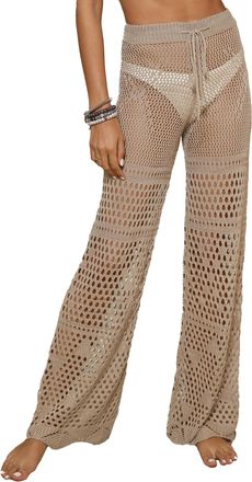 Feoya Womens Crochet Trousers Hollow Out Beach Pants Sexy See Through Leggings Mesh Lace Pants Drawstring Swimsuit Cover Up Beige L