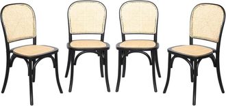 Sweeek Sillas de madera y rat&aacute;n vintage, set de 4, negro