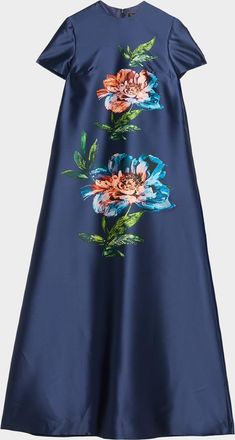 Reem Acra Floral-Print Satin Faille Long Kaftan Gown