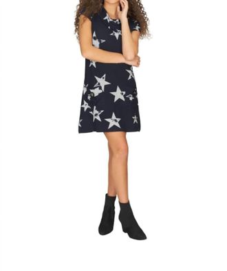 Papillon Star Print Short Sleeve Dress With Foldover Collar In Navy