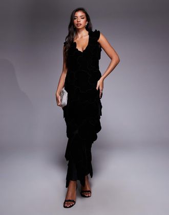 Asos Vestito lungo nero in velluto premium con fiori 3D