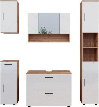Vicco Conjunto De Muebles De Ba&ntilde;o Irma, Blanco Brillo Intenso/roble Dorado, 5 Piezas