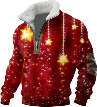 Generic Mens Christmas Jumper 1/4 Zip Ugly Xmas Sweatshirt Novelty Reindeer Snowflakes Printed Funny Festive Holiday Xmas Pullover Fancy Dress Costume Jumpers