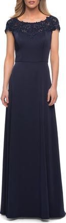 La Femme Jersey Gown with Full Skirt and Lace Detail Top in Navy at Nordstrom, Size 16