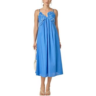 English Factory Embroidered Pleated Sleeveless Linen & Cotton Maxi Dress in Blue at Nordstrom, Size Medium