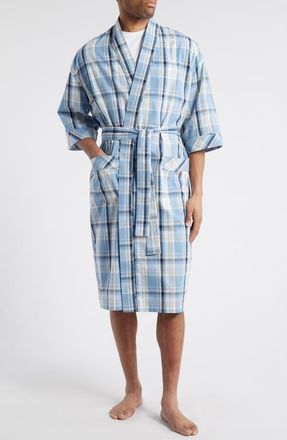 Majestic International Plaid Cotton Oxford Cloth Robe in Chambray at Nordstrom