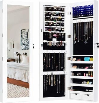 Costway Armadietto Portagioie Specchio per Gioielli con Luci led, Specchiera da Porta e Muro, per Figura Intera, 120x37x9,6cm - Costway