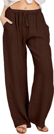 Generic Womens Cotton Linen Trousers Casual Wide Leg Trousers Loose Elasticated Waist Drawstring Solid Color Palazzo Pants with Pockets Womens Summer Pants Be