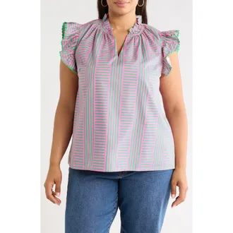 Sugarlips Valda Stripe Ruffle Top in Pink-Grn-Mul at Nordstrom, Size 1X