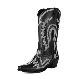 Generic Womens Chunky Heel Mid-Calf Boots Pull on Wide-Calf Boots with Embroidery Stitched Pointed Toe PU Leather Western Cowboy Boot,Black,10.5 UK