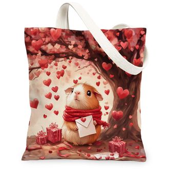 Generic Valentines Day Guinea Pig Canvas Tote Bag for Shopping 13x15, Fun Heart Tree Animal Reusable Grocery Print Pattern Bag for Women, Holiday Beach Aesthe