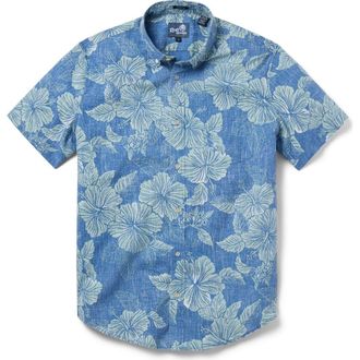 Reyn Spooner Aloha Biscus Floral Cotton Blend Button-Down Shirt in Blue Horizon at Nordstrom, Size Xx-Large