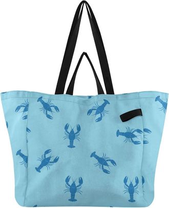 Generic Blue Lobster print Reusable Canvas Tote Bag, Heavy Duty Grocery Shopping Bag with Double Handles Hard Bottom Large Capacity Work Groceries Travel
