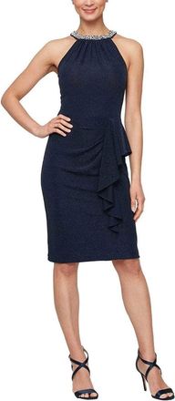 Alex Evenings Dress Women Dark Navy Stretch Beaded Neck Party Cocktail FROG464