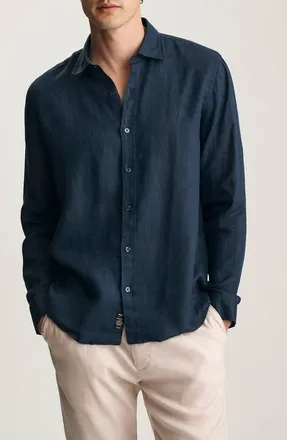 Mavi Regular Fit Linen Button-Up Shirt in Black Iris at Nordstrom, Size X-Large