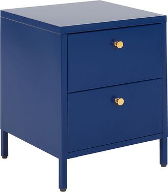 Beliani Mesa De Noche De Metal Azul Marino Dorado 2 Cajones Industrial Dormitorio Kylea