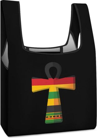 Generic African Flag Ankh Cross Shopping Bag Reusable Grocery Tote Bag Foldable Handbag for Travel Picnic