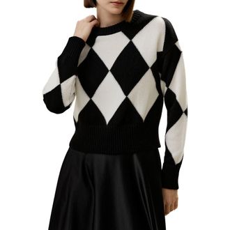 LilySilk Womens Round Neck Diamond Pattern Cashmere Sweater in Black at Nordstrom, Size Medium