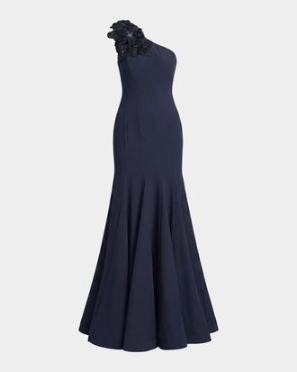 Mac Duggal Seamed Crepe One-Shoulder Gown