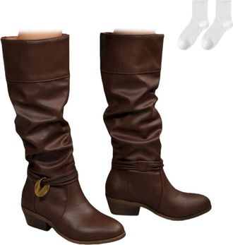 Generic Womens Knee-High Boots with Buckle, Comfortable Boots with A 4.5 Cm Block Heel And Round Toe, Long Boots with A Wide Shaft in Large Sizes for Everyday