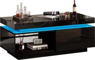 STILVORA Mesa De Centro Con 1 Caj&oacute;n Y Led, Brillo Negro, Estilo Moderno, En Tablero De Part&iacute;culas, 100&times;50&times;40,3 Cm