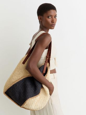 Reiss Navy Raffia-effect Colour-block Tote Bag