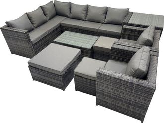 Fimous Fimous Outdoor Rattan Rectangular Coffee Table Corner Sofa Sets Garden Furniture Set with 2 Chairs 3 Stools Side Table Dark Grey Mixed