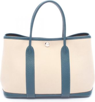 Herm&egrave;s Beige Green Natural Toile Chevron Leather Tote Bag (Pre-Owned)