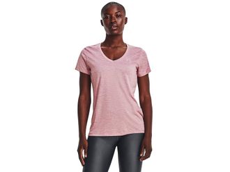 Under Armour UA Techtm Twist V-Neck Womens Short Sleeve Pullover Pink Elixir/White/Metallic Silver : XS (US 0-2), Polyester