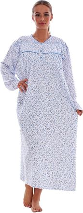 Generic Malay Thermal Cotton Long Nightdress Floral Button V-Neck Soft Brushed Nightwear Blue