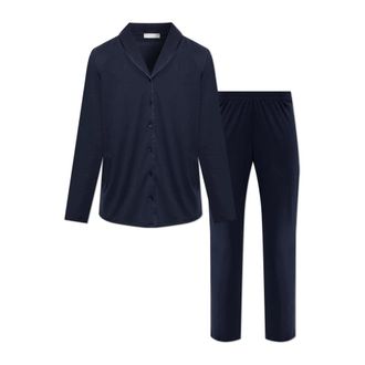 Hanro Katoenen Zijde Pyjama met Lange Mouwen - Dames - Pyjama - Blauw - XL - Katoen - Nachtkleding