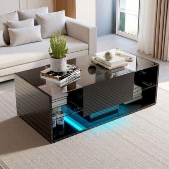OEM Mesa Baja Escandinava Negra 100x50x35 Cm - Vidrio Templado, Led Regulable, 1 Caj&oacute;n Y Almacenamiento