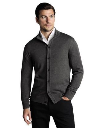 CHARLES TYRWHITT Merino Button Through Funnel Neck Cardigan in Gray at Nordstrom, Size Xxx-Large