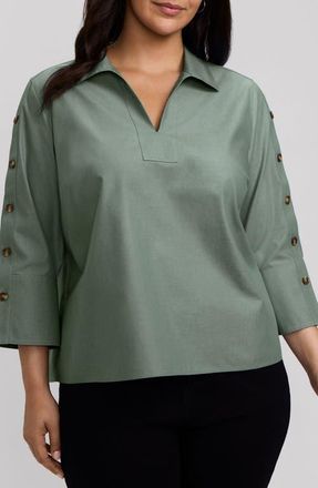 Foxcroft Lainey Button Accent Cotton Popover Top in Soft Olive Green at Nordstrom, Size 3X