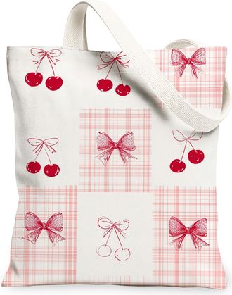 Generic Cherries Pattern Canvas Tote Bags, Retro Bow Design Reusable Grocery Bags, Spring Lightweight Washable Shoulder Strap, White, 13x15 Inch
