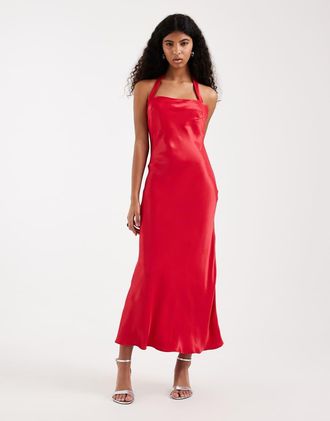 Asos Vestito lungo allacciato al collo in raso rosso