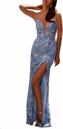 La Femme Beaded Dress In Cloud Blue