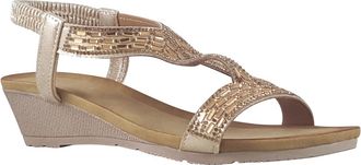Jo & Joe Ladies Mid Heel Wedge Comfort Sandal with Glitzy Jewels and Elasticated Slingback Strap, Flexible sole sizes 4-8 (Rose Gold, UK Footwear Size System, 