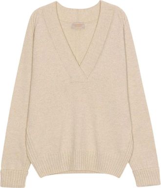 John Smedley Beige Wrap Jersey met Diepe V-Hals en Ribdetails - Dames - V-hals truien - Beige - S/M - Truien & Vesten