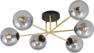 Wonderlamp Plafón de techo elegante negro con 3 barras doradas y 6 esferas grises